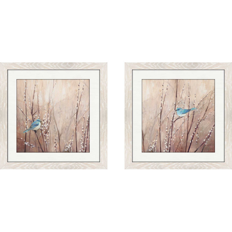 « pretty oiseaux », ensemble de 2 reproductions de peintures à l’acrylique encadrées, H 16,5 po x l 33 po x P 1 po, Blanc mat