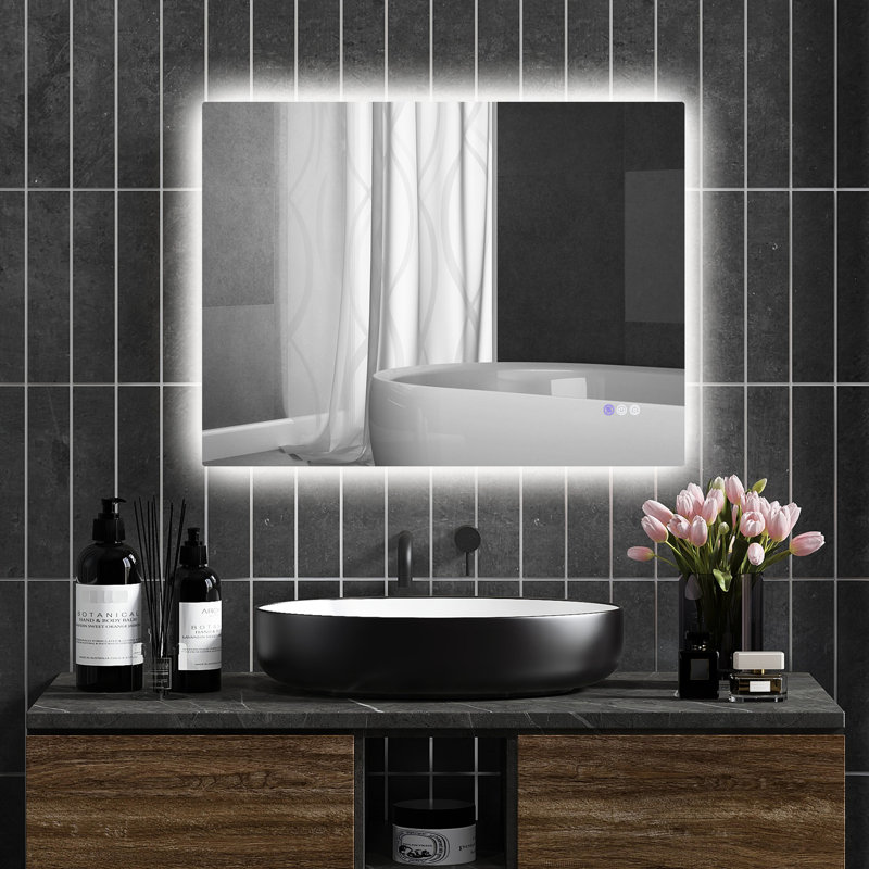 Miroir de salle de bain à DEL 32 po x 24 po, lumières avec brouillard, mémoire, luminosité à intensité variable, température de couleur réglable, fixation murale, horizontal / vertical, Cri90 +, film résistant, imperméable, cadre en alliage d'aluminium