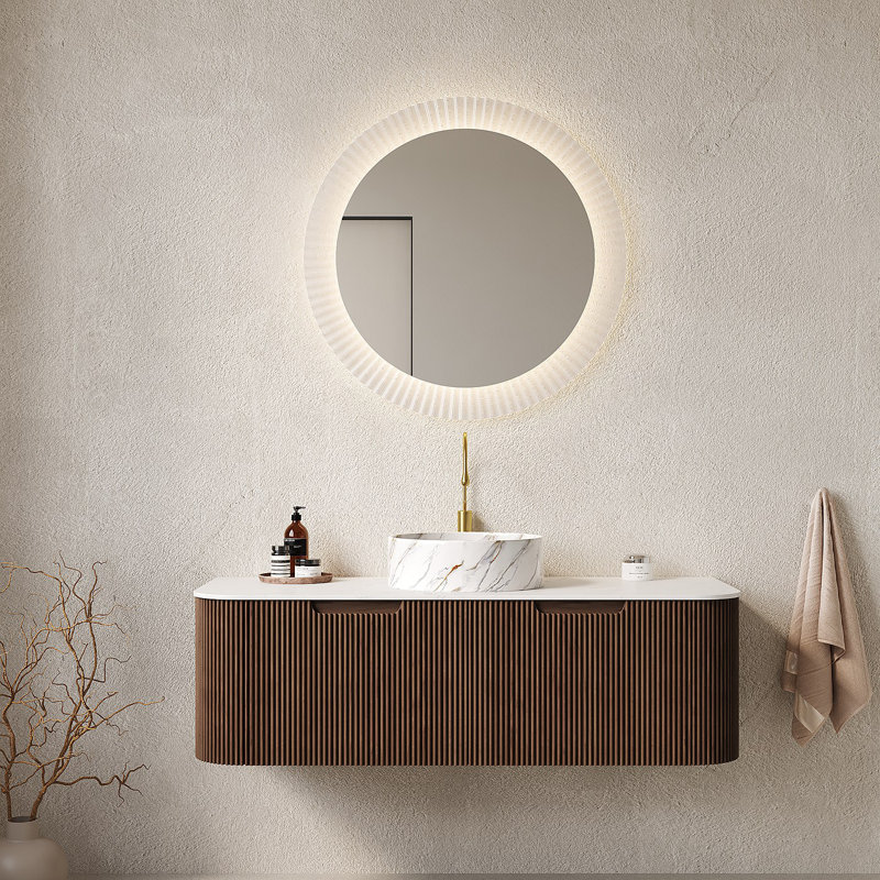 Meuble-lavabo de salle de bain avec lavabo, lavabo à fixation murale à bords arrondis flottants avec tiroir, lavabo en céramique avec motif de pierre, pré-assemblé