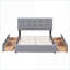 Grand lit plateforme tapissier en lin avec 4 tiroirs, sans sommier, gris clair pour la chambre principale