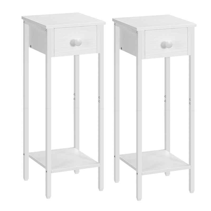 Slim Bedside Side Table with Storage, White/White