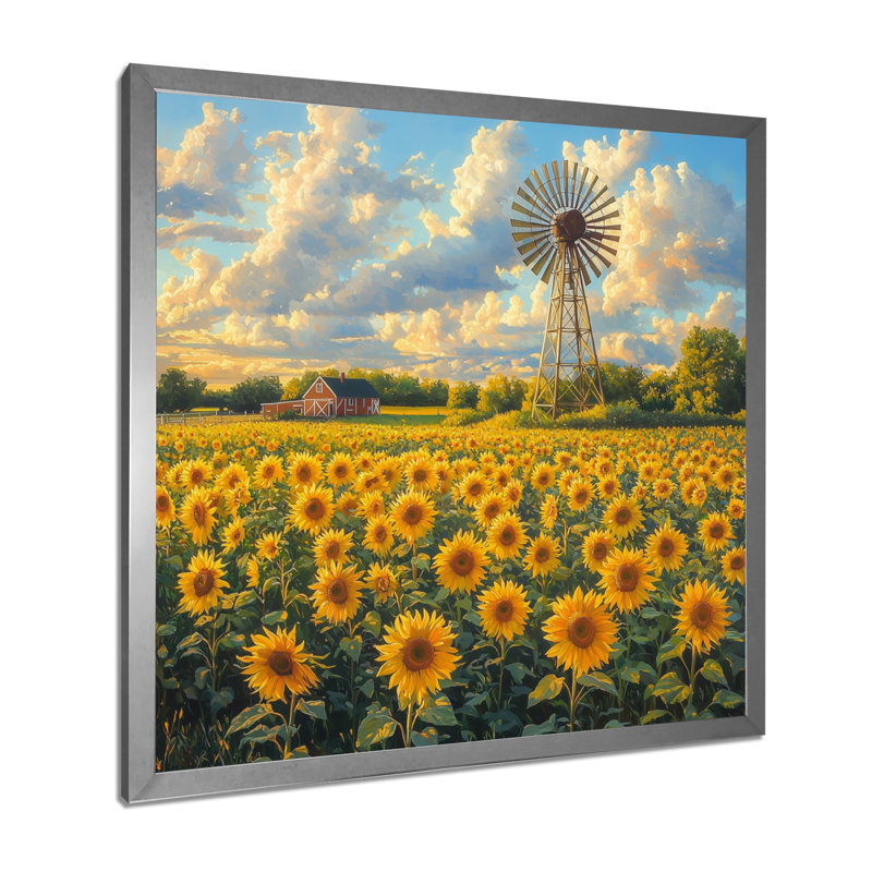Tournesols au moulin à vent en été II - décoration murale florale, H 36 po x l 36 po, Reproduction encadrée d'une seule photo