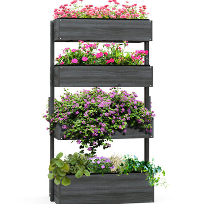 Jardinière verticale grise à 4 niveaux en bois pour fleurs, légumes et herbes aromatiques d'extérieur, auto-drainante avec bac de jardin en tissu non tissé.