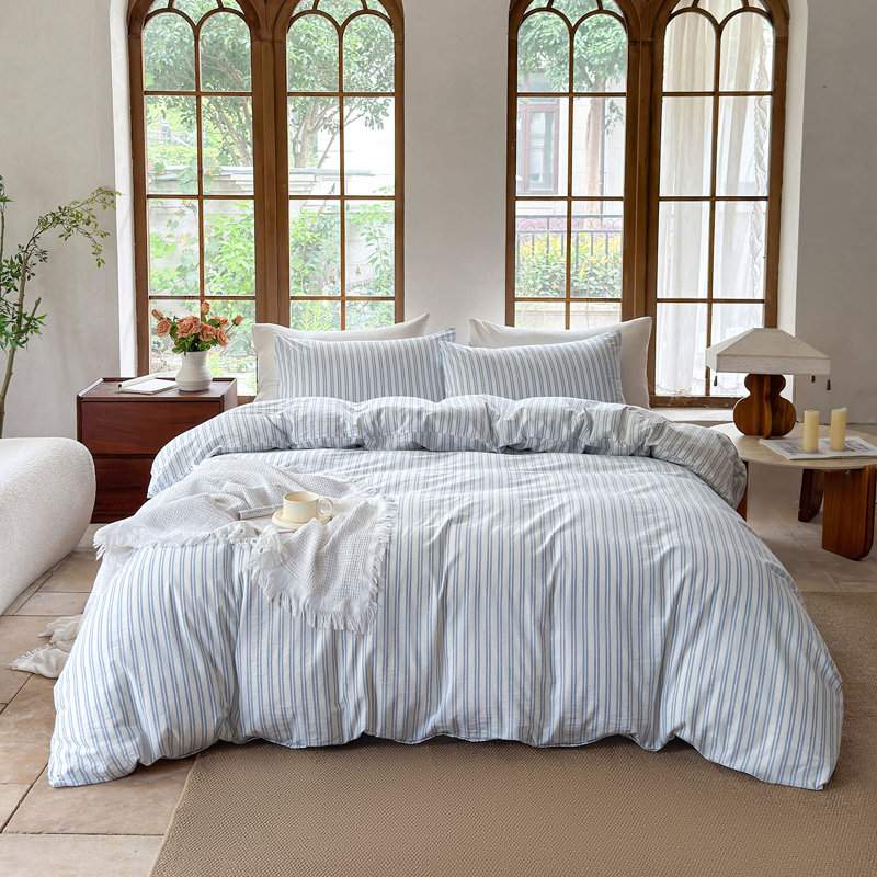 Ensemble de housse de couette rayé 100% coton délavé DONEUS, Housse de couette double + 2 taies d'oreiller stan
