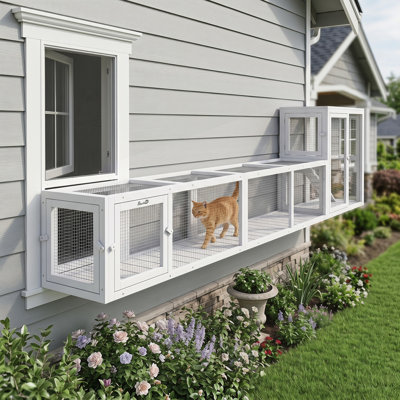 Parc pour chat en bois avec protection contre les intempéries, reliant l'intérieur et l'extérieur, L 79 po x l 15 po x H 15 po, blanc