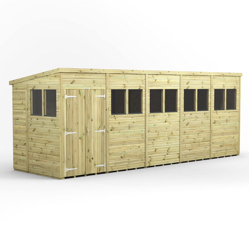 Powersheds 20 x 6ft Premium Pressure Treated Timber Pent Garden Shed, Double Doors
