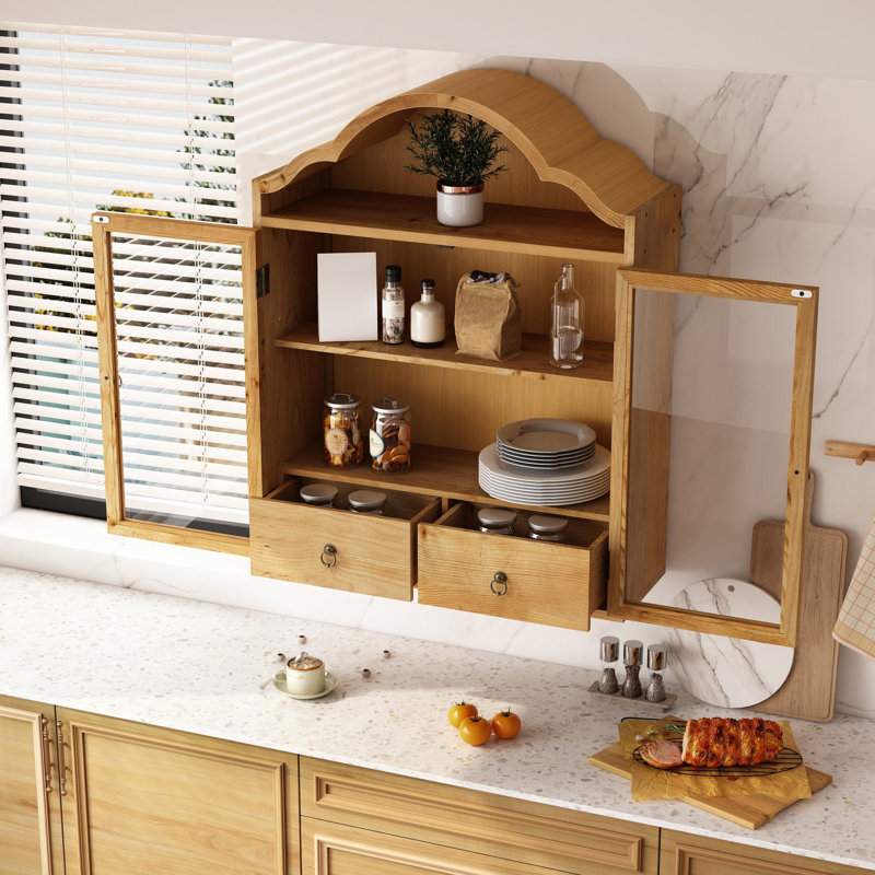 Armoire murale en bois massif 30,12 po avec plateau ondulé élégant, rétro rustique vieilli pour la salle à manger, la cuisine et le salon