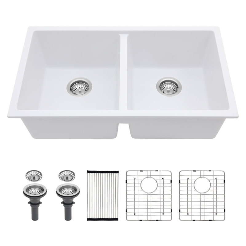 33'' L Double Bowl Quartz Kitchen Sink, White