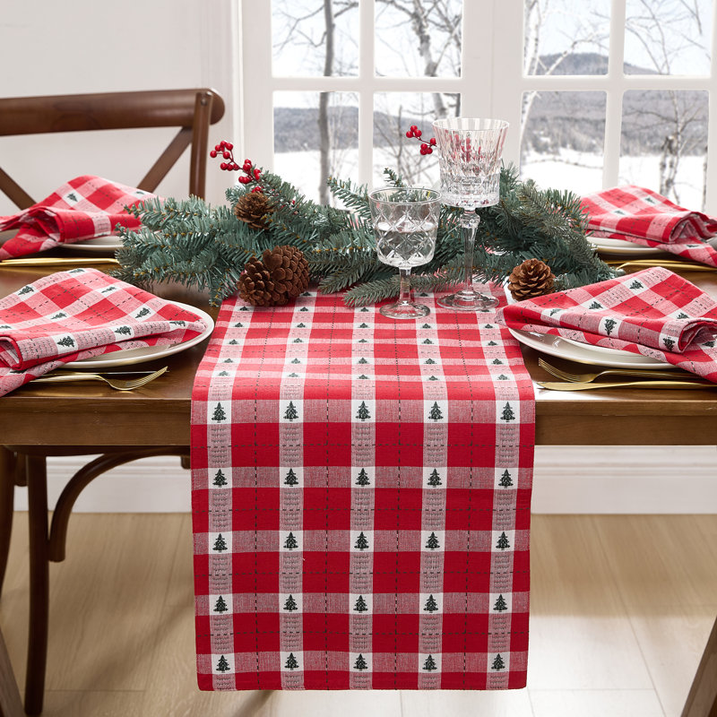 Red and Ivory Cotton Plaid Rectangular Winter Tablecloth, 60"x102"
