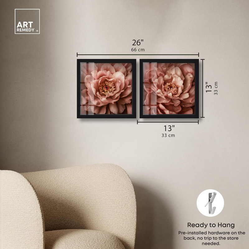 Ensemble de 2 panneaux de pivoines , H 13 po x l 13 po, Noir