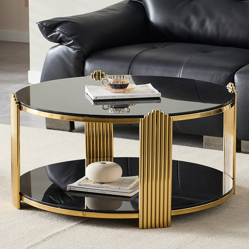 Table basse moderne de 35 pouces, table de salon en verre trempé noir à double couche et cadre en acier inoxydable doré, table ronde, assemblage facile.