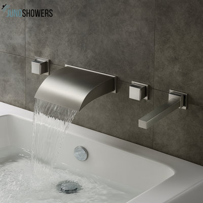 Juno 5 Hole Triple Waterfall LED Wall Mount Bathtub Faucet with Hand Shower Solid Brass Body, Chrome Finish