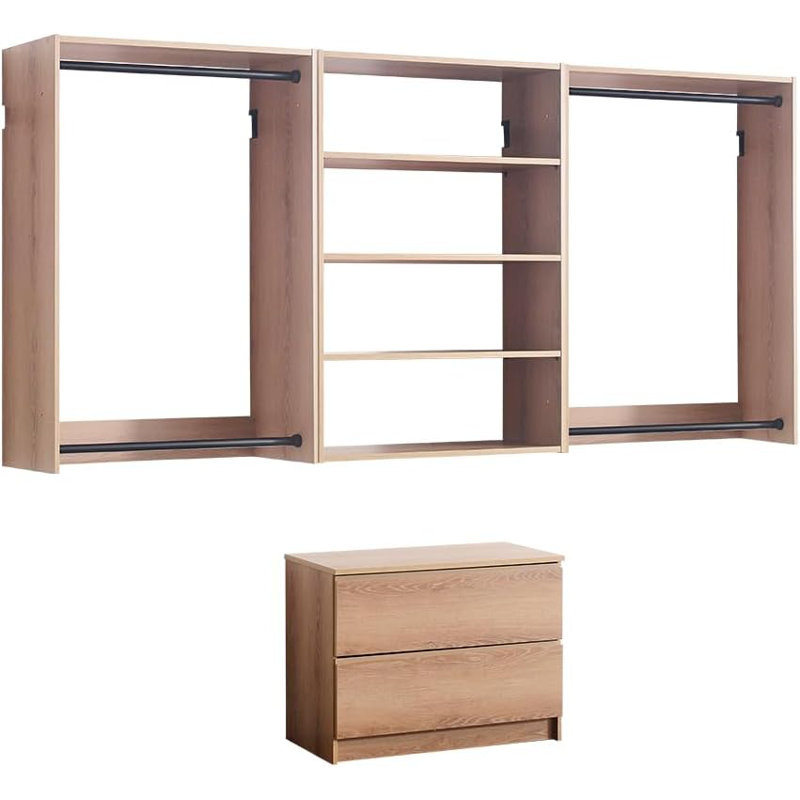  31.5 to 94.5in W Oak Modular Wall Mount Closet with Double Rods and 4 Shelves, Oak Wood