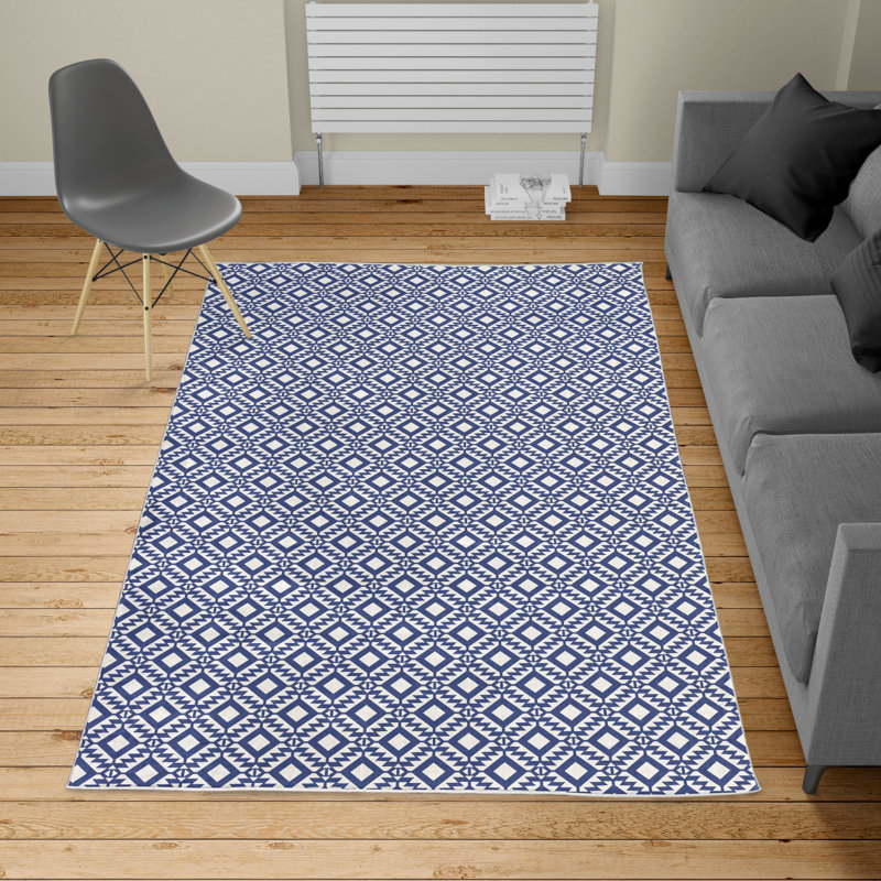 Tapis bleu foncé / blanc, Rectangle 13 pi 4 po x 19 pi 2 po