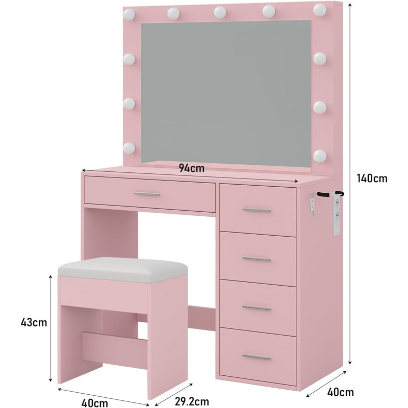 Dressing Table With Mirror And LED Lights, Power Outlet And USB, 3 Ligshting Modes, 5 Drawers, Stool, Pink