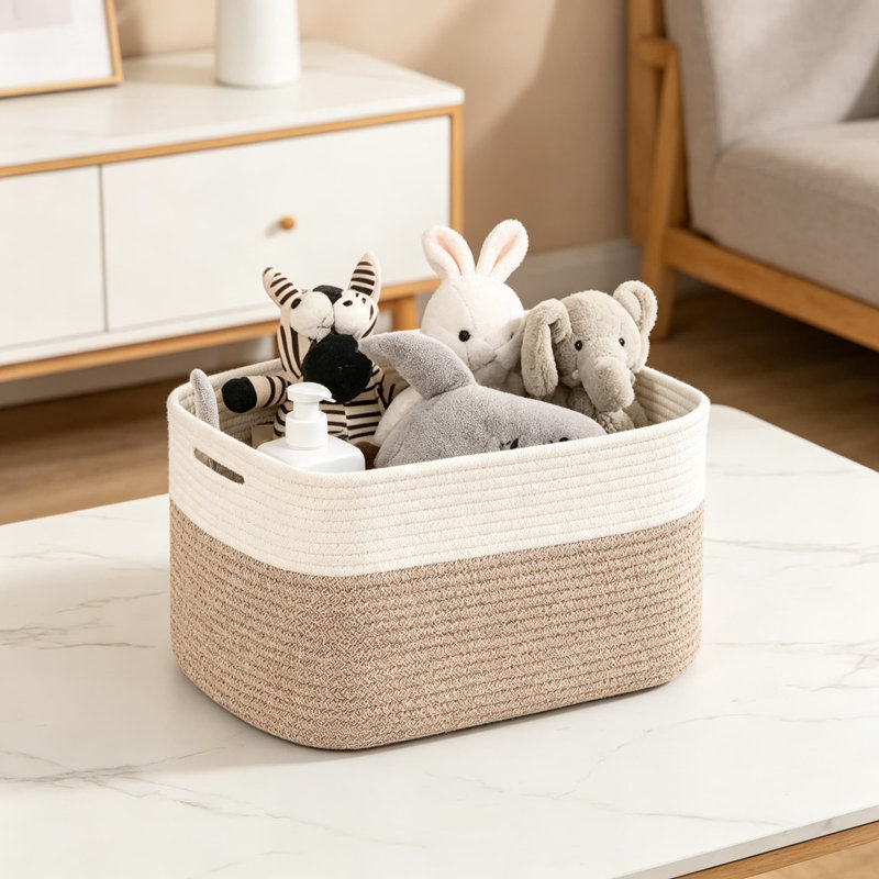 Woven Cotton Rope Storage Basket, Foldable Organizer Bin For Home, Nursery, And Office, Multi-Purpose Decorative Storage Solution With Handles