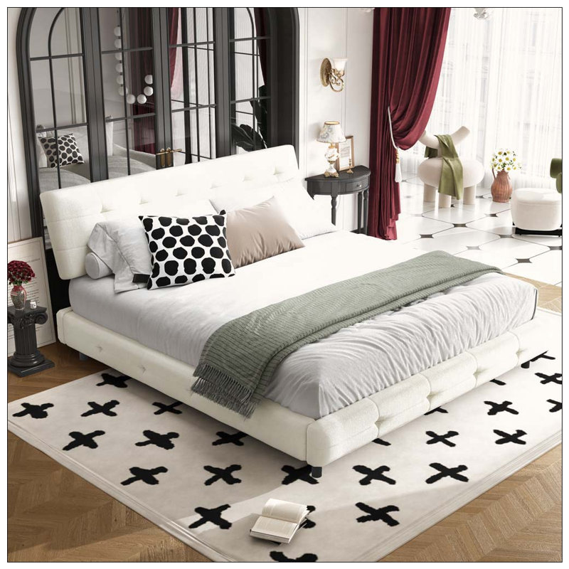 Structure de lit, tête de lit capitonnée avec très grand coussin ultra doux, Très grand lit, Beige et blanc