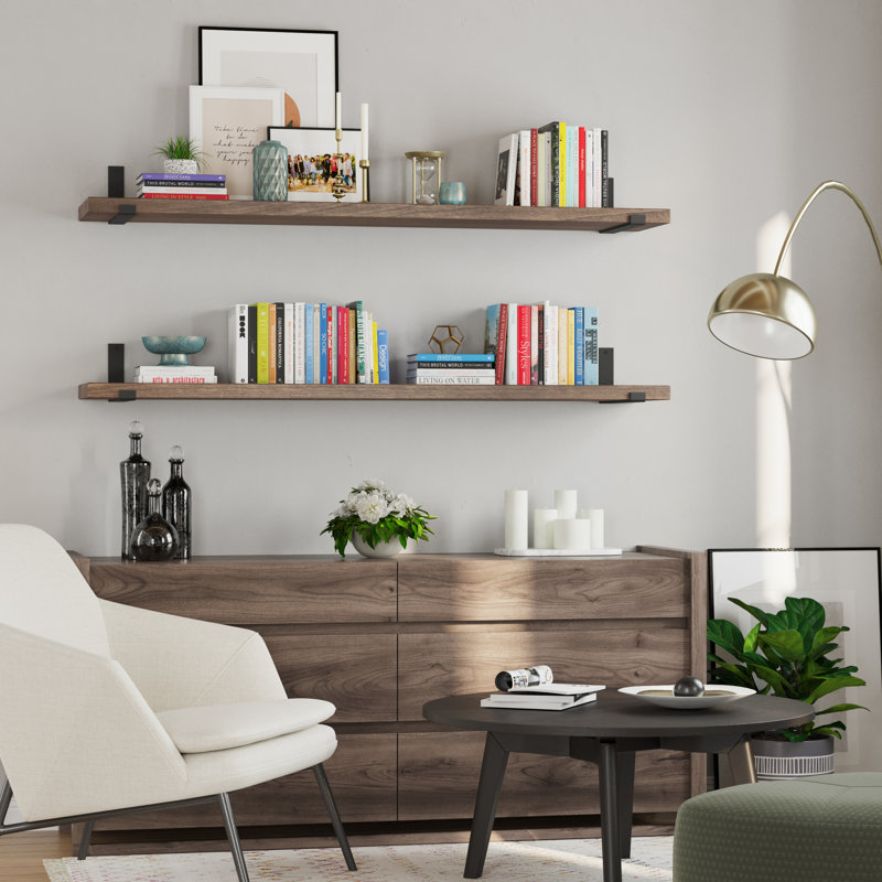 60" Long, 11.25'' Deep, 1.5" Thick, Wooden Floating Shelves For Wall, Metal Brackets Included, Espresso