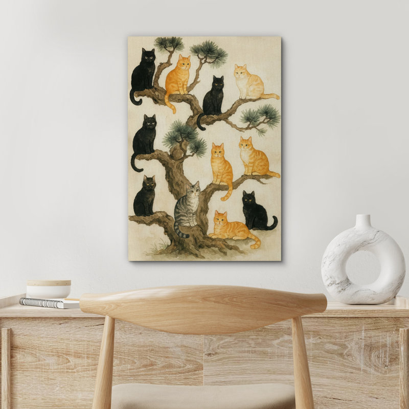 Douze chats assis sur un pin - reproduction d'art sur toile encadrée, H 18 po x l 12 po x P 1,5 po, Toile tendue