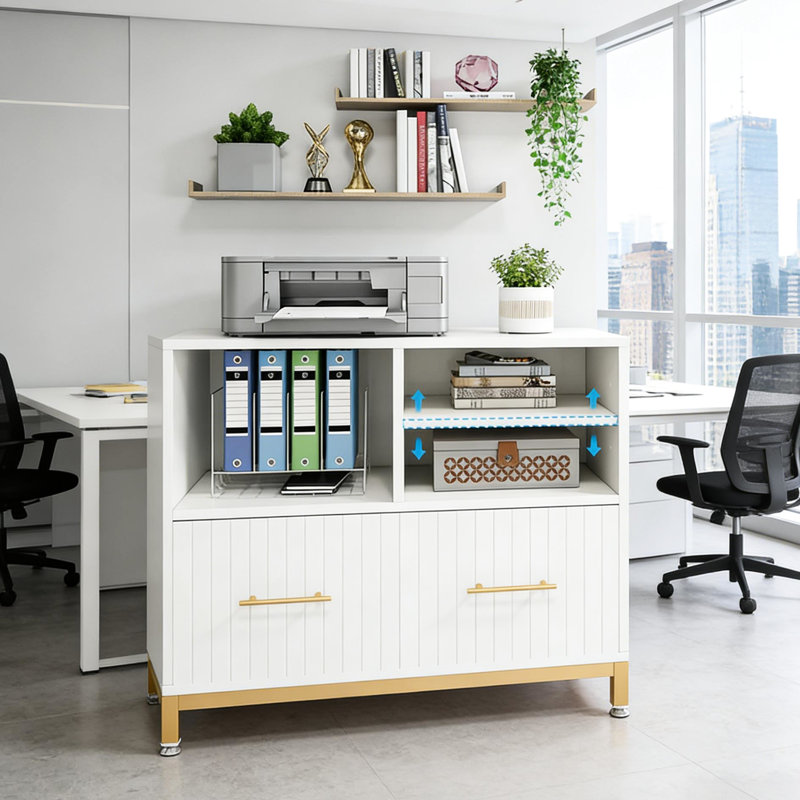 Grand classeur avec tringle réglable, 3 tablettes ouvertes et une tablette droite, idéale pour l'organisation de bureau, métal doré E1, profondeur de 35,87 pouces, largeur de 16,02 po, grand tiroir polyvalent de 30,67 po,