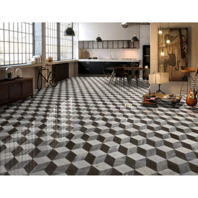 Marbre hexagonal blanc et noir - Pierre naturelle polie, 9,81 po de largeur, 0,69 de hauteur, pour la décoration intérieure blanche, 12 pièces / boîte, plancher et mur en pierre