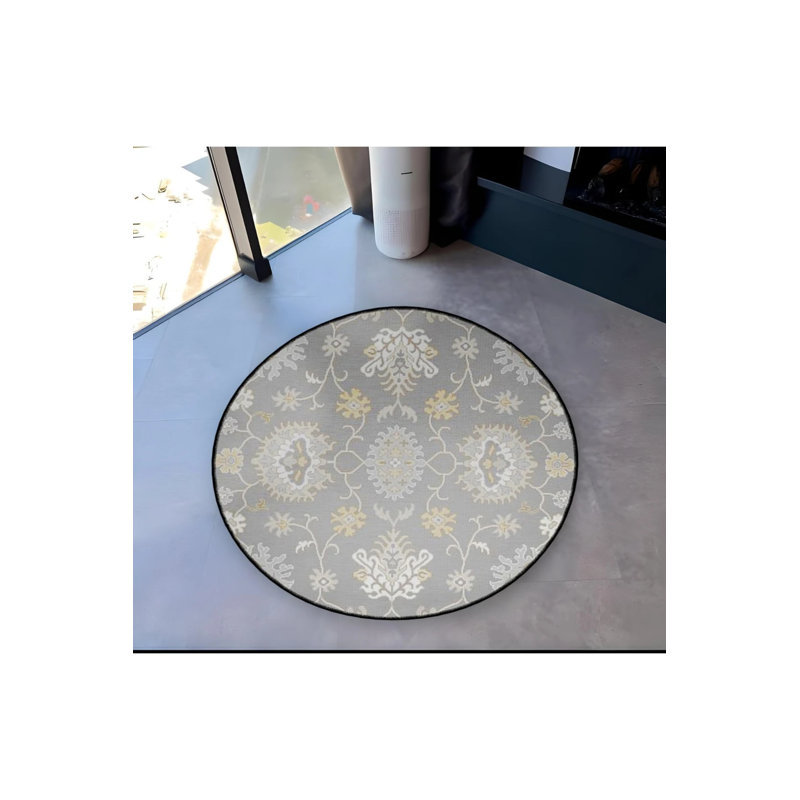 Gray Themed Motif Floral Patterned Round Woven Base Vintage Decorative Carpet, Round 5'