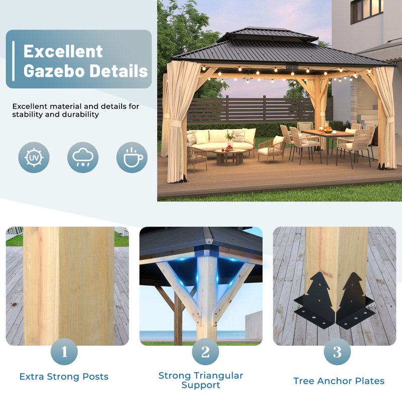 Solid Wood Patio Gazebo, 15' x 13'