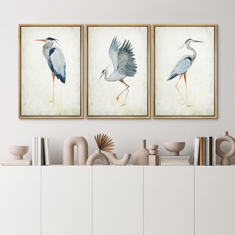 Heron Crane Bird Animals Nautical Decor - Large Framed Canvas Living Room Wall Art Work Set 3 Print, 36" H x 24" W, Natural