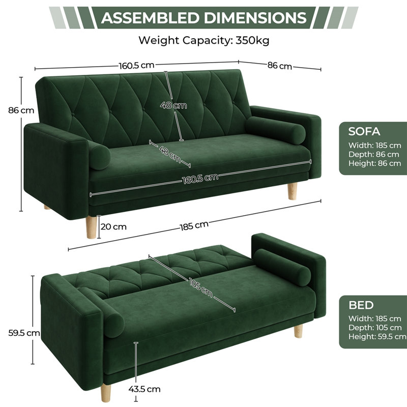 Tufted 3 Seater Sofa Bed, Velvet - Green