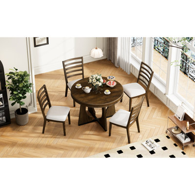 Table de salle à manger ronde extensible pour 4 personnes avec chaises rembourrées de style rétro, rallonge de 40 cm, couleur noyer, idéale pour les repas décontractés dans la cuisine ou la salle à manger, plateau amovible, coloris