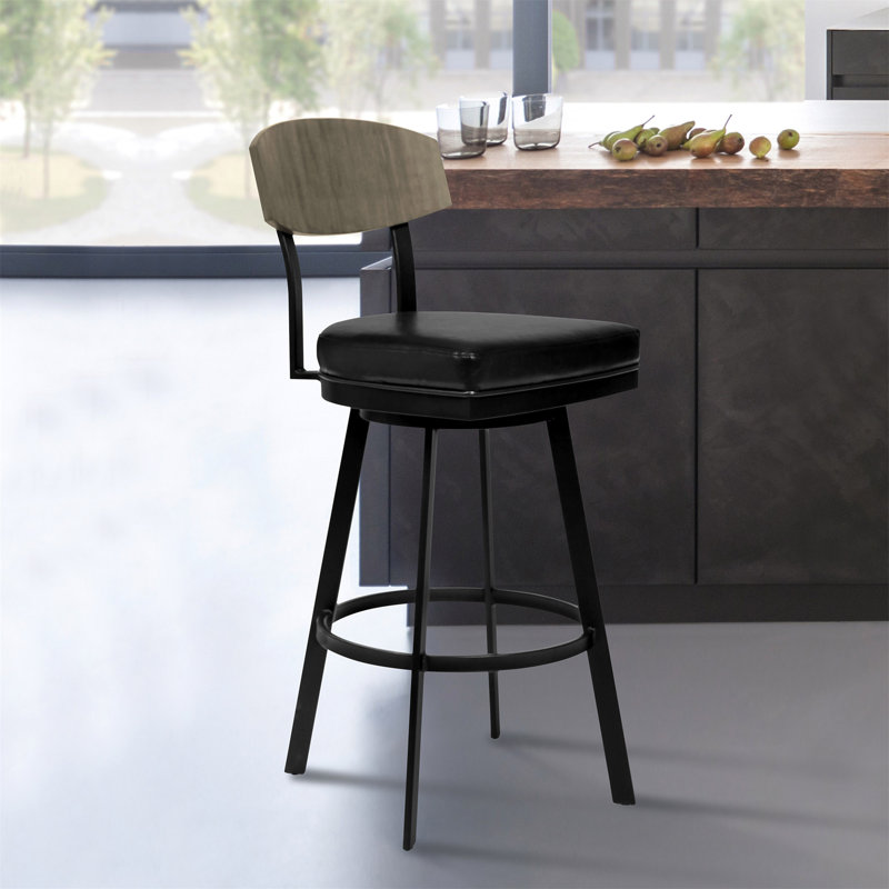 Tabouret de bar 30 po Frisco au fini noir mat avec similicuir noir et noyer gris
