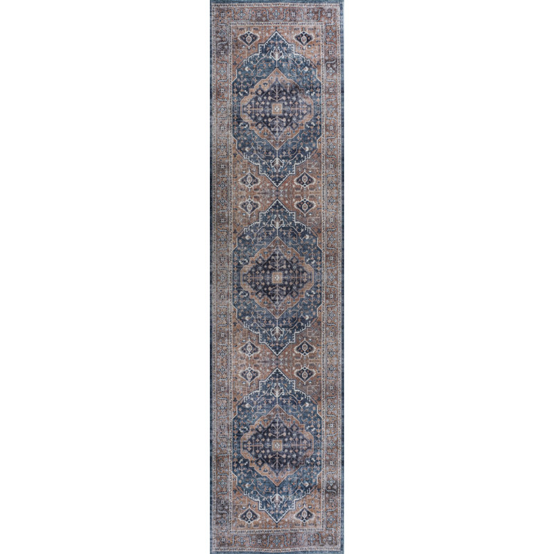 Tapis bleu marine / brun Alacati Ogee Medallion, Tapis de couloir 2 pi x 8 pi