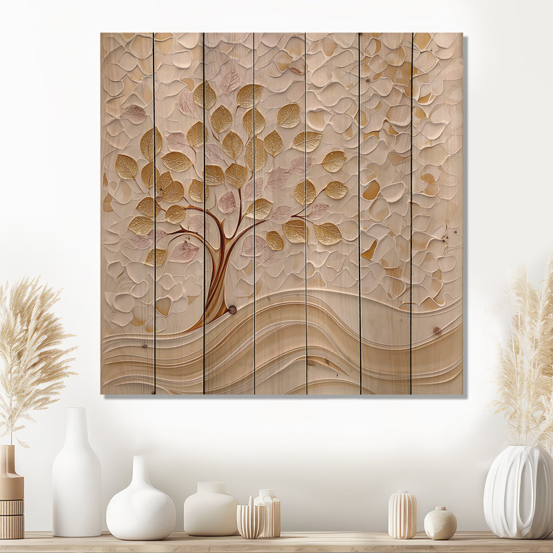 Hêtre doré à la lueur dorée II - paysage moderne, impression sur bois doré sur bois de pin naturel