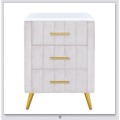 Upholstered Wooden Nightstand with 3 Drawers and Metal Legs, Elegant Bedside Table for Modern Bedrooms