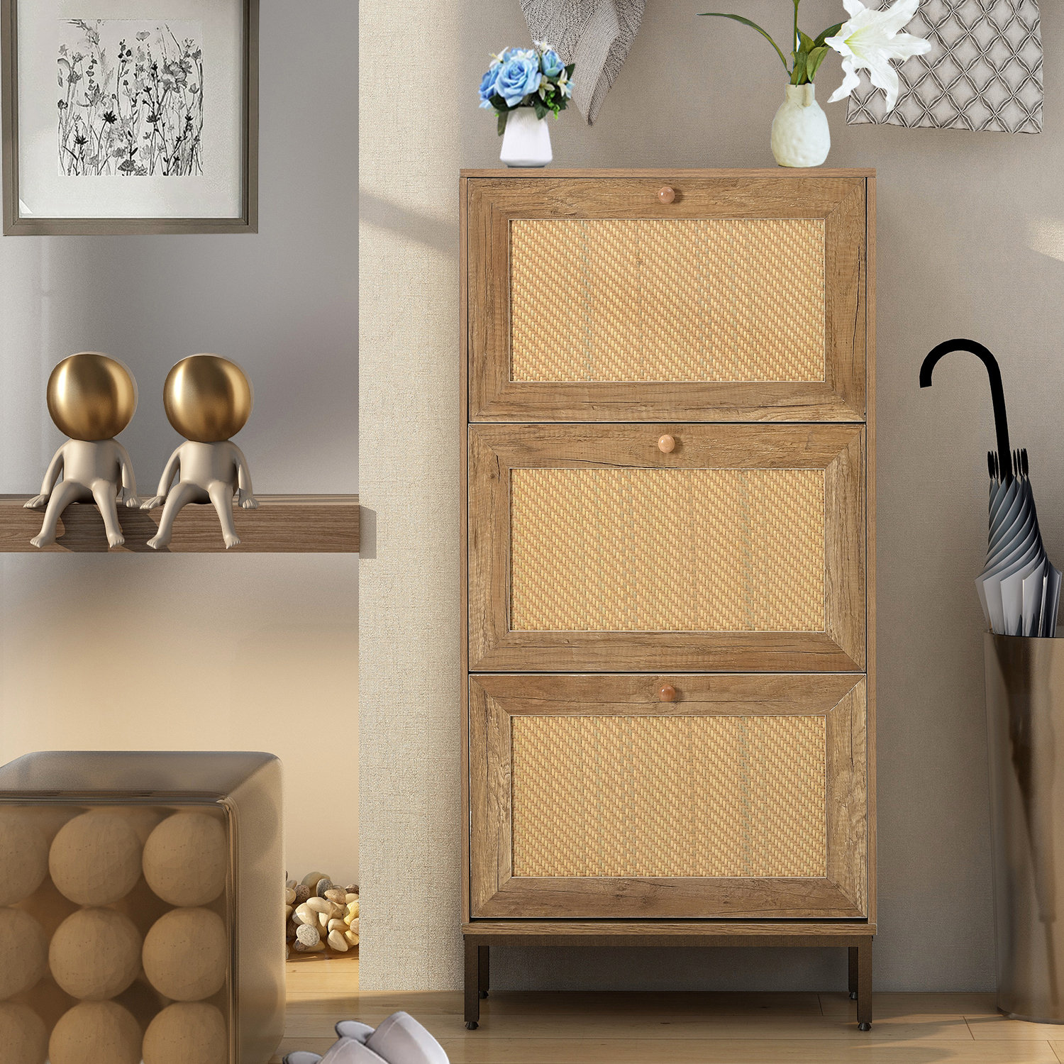 Bayou Breeze Rattan Shoe Cabinet with 4 Flip Drawers & 1 Mirror Storage  Cabinet, Shoe Storage Cabinet