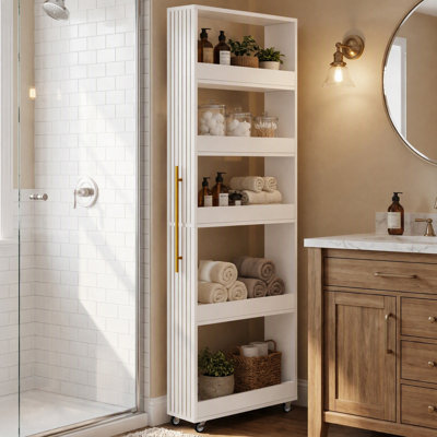 Chariot de rangement roulant 63 po à 5 niveaux avec poignée en métal, chariot utilitaire étroit blanc pour salle de bain, cuisine, salon