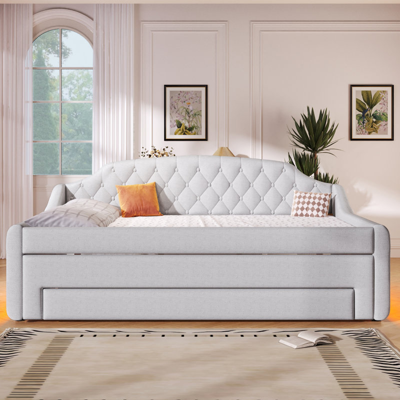 Upholstered Full Size Daybed with LED Belt, Trundle and Three Drawers, Beige, Beige