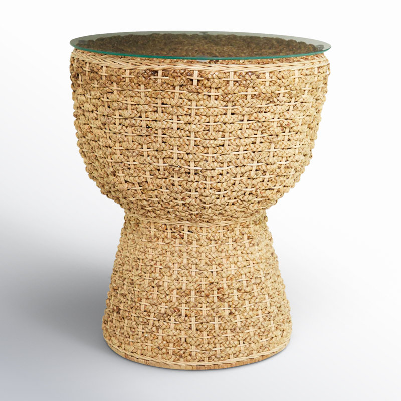 Brown Seagrass Handmade Woven Side End Accent Table with Glass Top