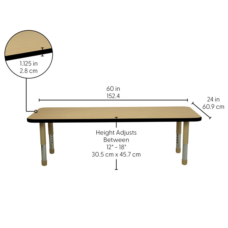 Table rectangulaire d'activités en T avec moulures totales réglables, H 18 po x l 60 po x P 24 po, Beige, Beige/noir