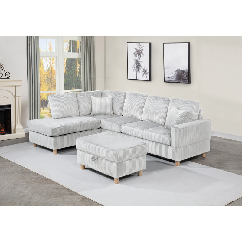 3Pc Velvet Corduroy Reversible Sectional With Chaise, Drop Down Table, And Storage Ottoman, Light Gray Velvet