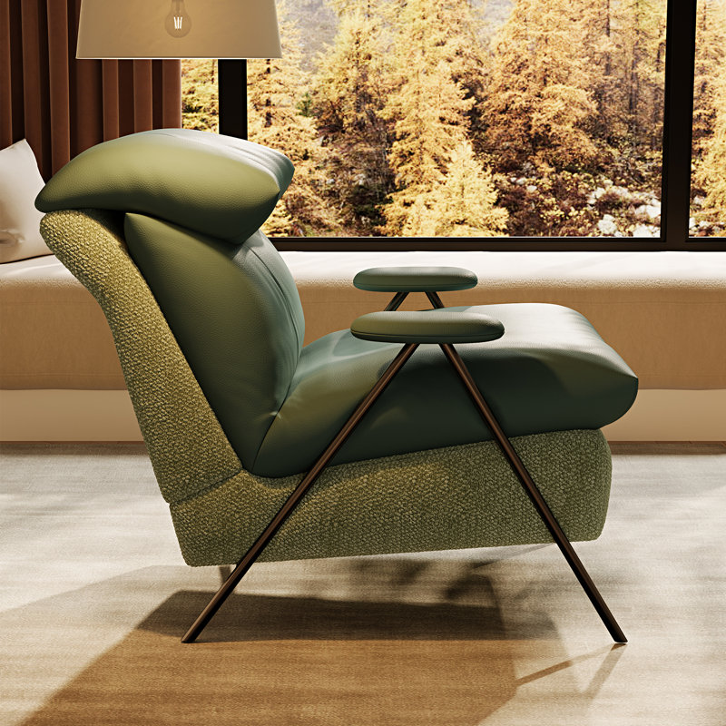 Fauteuil d'appoint moderne en chenille, structure en métal et tissu rembourré, 81 cm de large, avec appui-tête moelleux, vert.