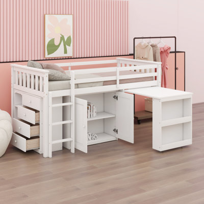 Loft Bed With Storage Cabinet, Drawer And Shelf Cabinet And Pulling-Out Desk, Safety Guardrail