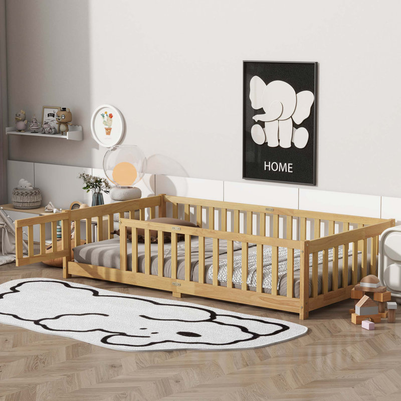 Lit de plancher double en bois d'hévéa, Lit double, Naturel