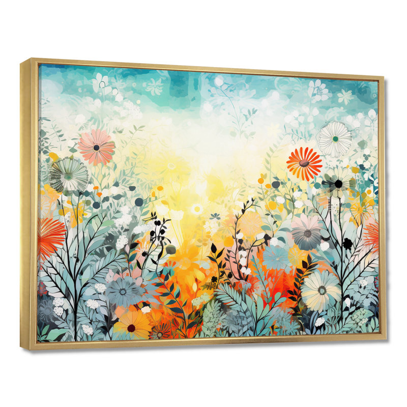 Art mural rétro avec fleurs printanières vibrantes - fleurs sauvages, Toile avec cadre flottant or