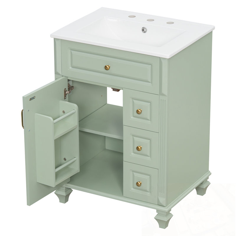 Meuble-lavabo de salle de bain avec lavabo, tiroir rabattable, 3 tiroirs et armoire de rangement, Vert