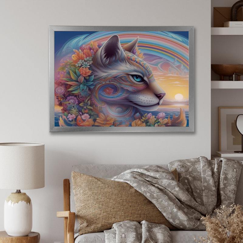 Chat arc-en-ciel magique avec fleurs sur toile, H 16 po x l 32 po x P 1 po, Cadre simple argenté