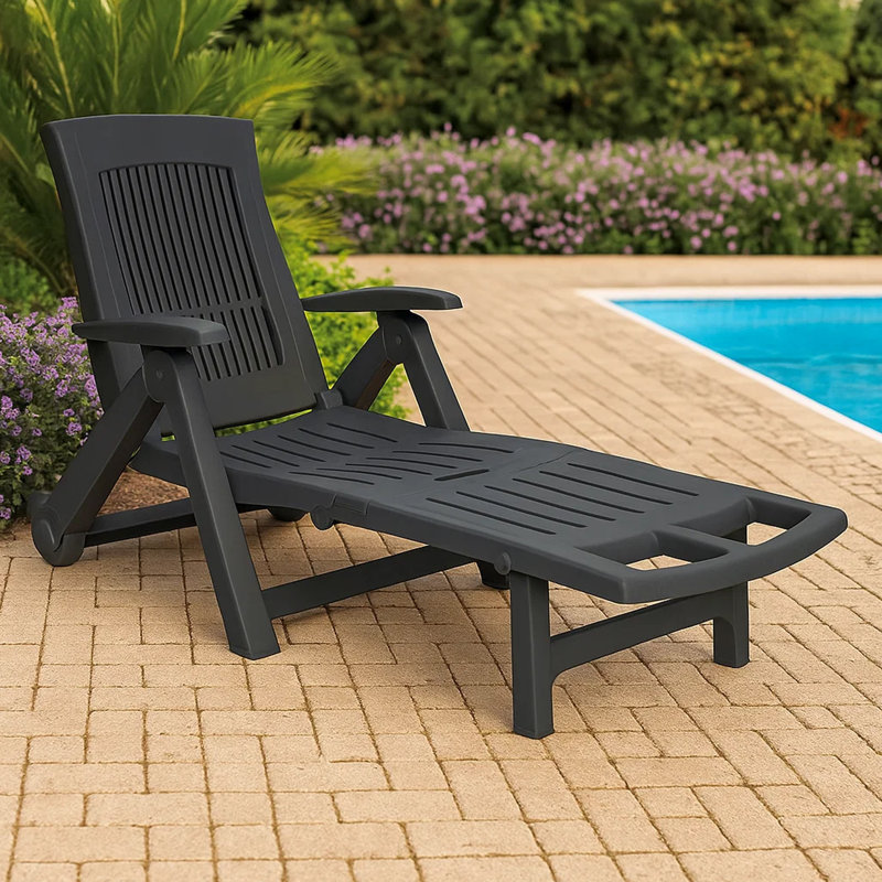 Chaise longue d'extérieur pliable Reny, dossier réglable, noir