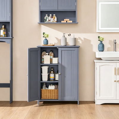 Modern Bathroom Floor Cabinet, 3-Tier, Adj Shelves Double Doors