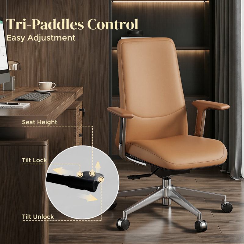 Genuine Leather Executive Office Chair, Mid-Back Ergonomic Swivel Office Chair, High Back Desk Chair with Polished Aluminum Alloy Base, Adjustable Height for Home Office