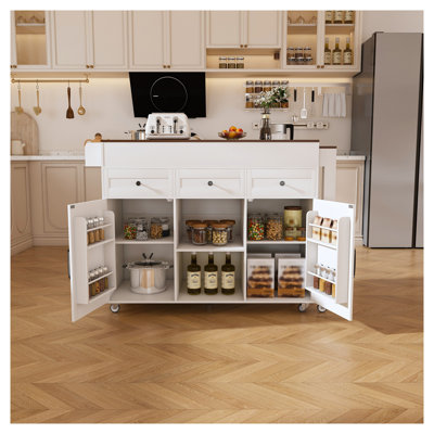 Îlot de cuisine extensible avec prise de courant et table de salle à manger roulante - Chariot de rangement mobile avec tiroirs et armoires pour petits espaces